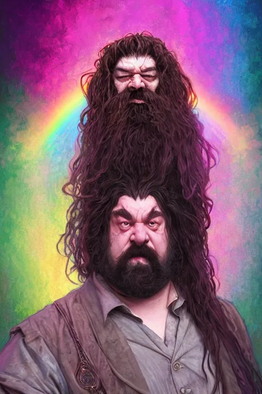 Prompt: portrait of hagrid as delirium of the endless, the sandman, rainbow clothes, in persian temple wet night, sci - fi and fantasy, intricate and very very beautiful and elegant, highly detailed, digital painting, artstation, concept art, smooth and sharp focus, illustration, art by tian zi and wlop and alphonse mucha