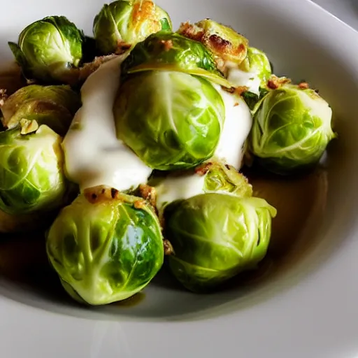 Image similar to brussel sprouts on white gravy , mashed potatoes, Michelin star, award winning