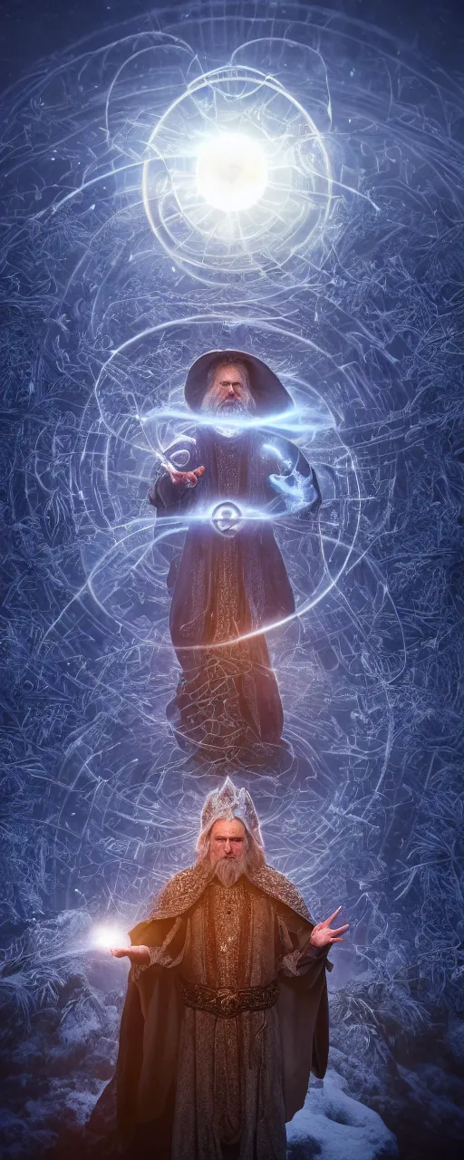 Image similar to Portrait of a powerful wizard surrounded by a circular array of glowing elemental magic orbs, the wizard is standing in front a scenic landscape of snowcapped mountains, intricate details, photo realistic, award winning, dramatic lighting, intricate details, award winning, depth of field, UHD 8K