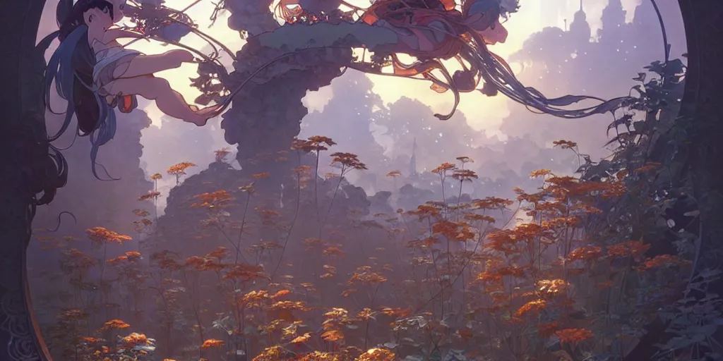 Image similar to twist your tiny lies into the spoon, spinning a web with your metallurgy. by hayao miyazaki and rossdraws and artgerm and greg rutkowski and alphonse mucha and studio ghibli. high quality, stunning, intricate detailed environment. 8 k