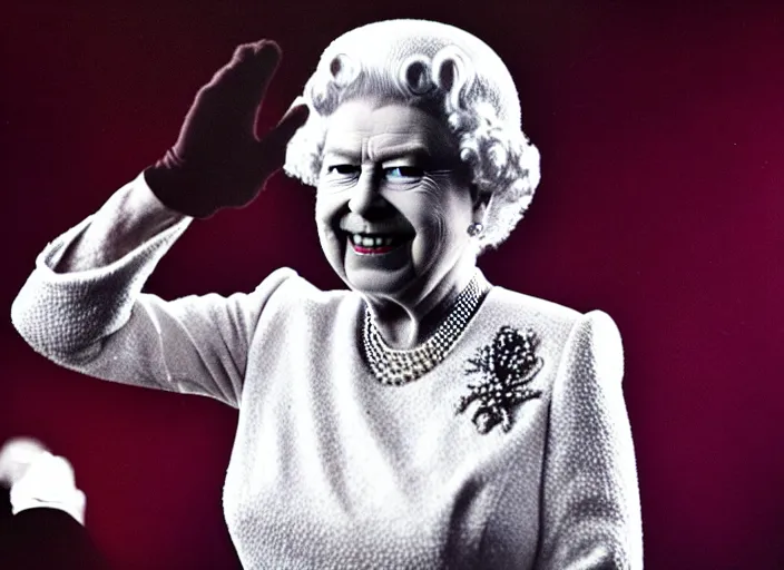 Image similar to publicity photo still of queen elizabeth in a death metal band playing live on stage, 8 k, live concert lighting, mid shot