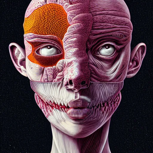 Prompt: psychopath insane woman emerging from her skin, shintaro kago, studio light, fashion photography portrait, head neck shoulders, victo ngai, kilian eng, alex grey, moebius, digital art, masterpiece, camille vivier, fantastically beautiful, beksinski, dan mumford, simon stalenhag, artstation, 8 k