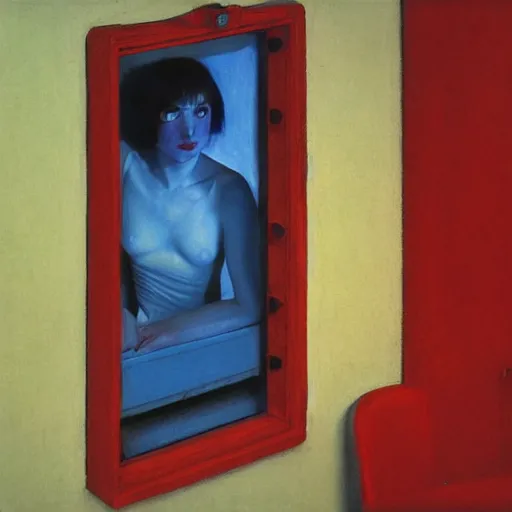 Image similar to close - up of an ivory young gir in a blue and red haunted liminal abandoned room, film still by edward hopper, by gottfried helnwein, by klimt, art noveau, highly detailed, strong lights, liminal, eerie, bright pastel colors,