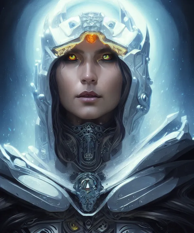 Image similar to futuristic lich king portrait, sci-fi, amber eyes, face, long hair, fantasy, intricate, elegant, highly detailed, digital painting, artstation, concept art, smooth, sharp focus, illustration, art by artgerm and greg rutkowski and alphonse mucha