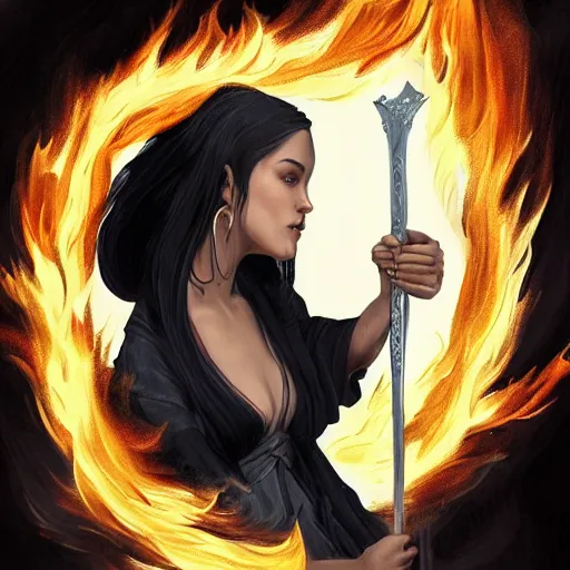 Prompt: portrait, woman with black hair called the lady of ash wielding a sword, elegant, illustration, fire magic, detailed, intricate, sharp focus, digital painting