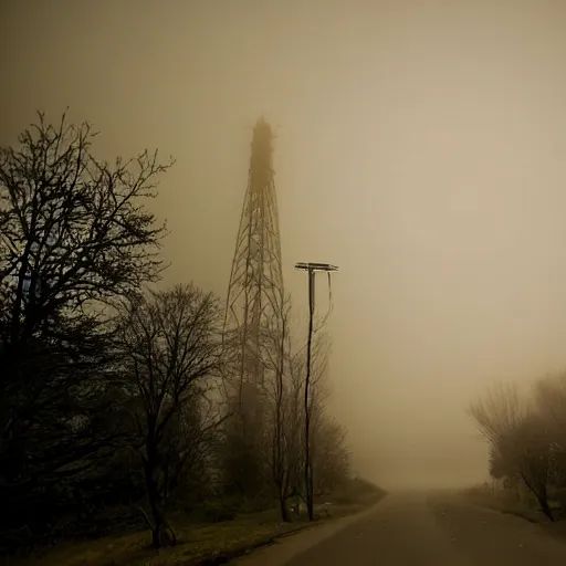 Prompt: television tower behind the trees at night with a man and car on the road in front with the fog, in the style of david lynch, movie camera low aperture