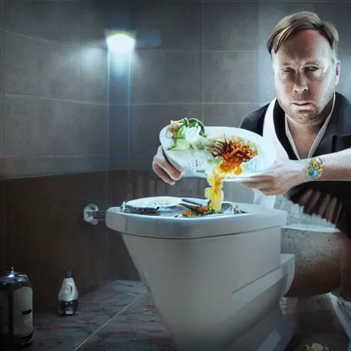 Image similar to hyperrealistic mixed media image of info wars alex jones eating dinner on the toilet, stunning 3 d render inspired art by xiang duan and thomas eakes and greg rutkowski, perfect facial symmetry, hyper realistic texture, realistic, highly detailed attributes and atmosphere, dim volumetric cinematic lighting, 8 k octane detailed render, post - processing, masterpiece,