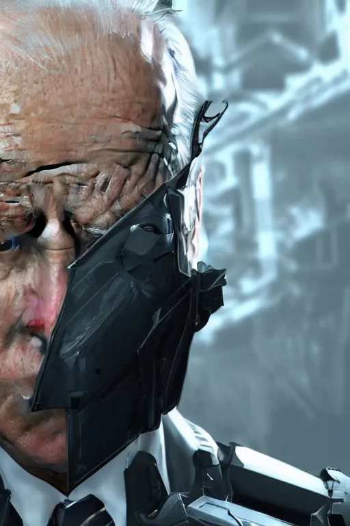 Image similar to joe biden in metal gear rising revengeance, metal gear rising, metal gear, joe biden, octane render, 8 k, realistic face, realistically proportioned head, realistically proportioned face