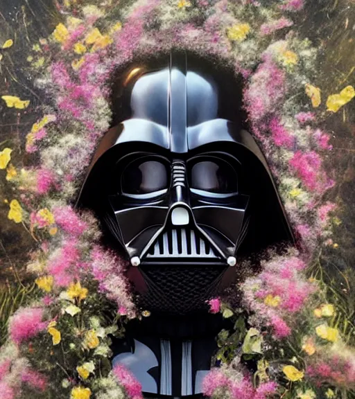 Image similar to portrait of darth vader of star wars, surrounded by flowers by karol bak, james jean, tom bagshaw, rococo, trending on artstation, cinematic lighting, hyper realism, octane render, 8 k, hyper detailed.
