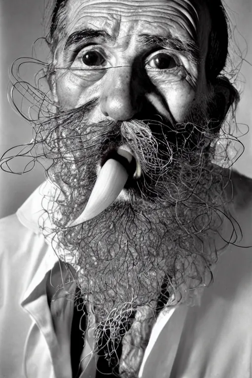 Prompt: extremely detailed portrait of old italian cook, spaghetti mustache, slurping spaghetti, spaghetti in the nostrils, spaghetti hair, spaghetti beard, huge surprised eyes, shocked expression, scarf made from spaghetti, full frame, award winning photo by herb ritts