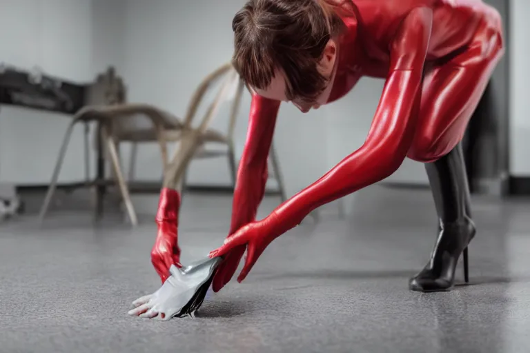 Prompt: close up of scarlet johannsson as a gynoid on her hands and knees polishing the floor, high resolution film still, 4 k, hdr color