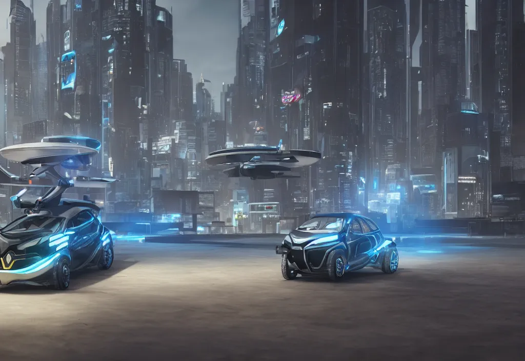 Image similar to octane render of new cyberpunk flying hover version of Renault sandero from 2077 in the city of future