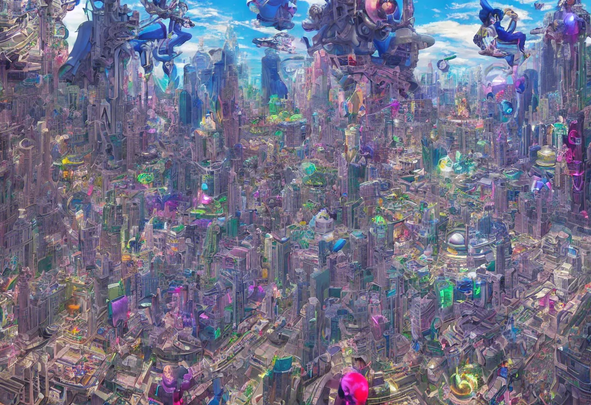 Prompt: augmented hyperreality in a futuristic city filled with vibrant colorful holograms - by james gurney and moebius and salvador dali and takashi murakami, matte painting, hyperdetailed, symmetry, art nouveau, beautiful render, concept art