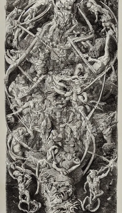 Image similar to man on boat crossing a body of water in hell with creatures in the water, sea of souls, by ernst haeckel