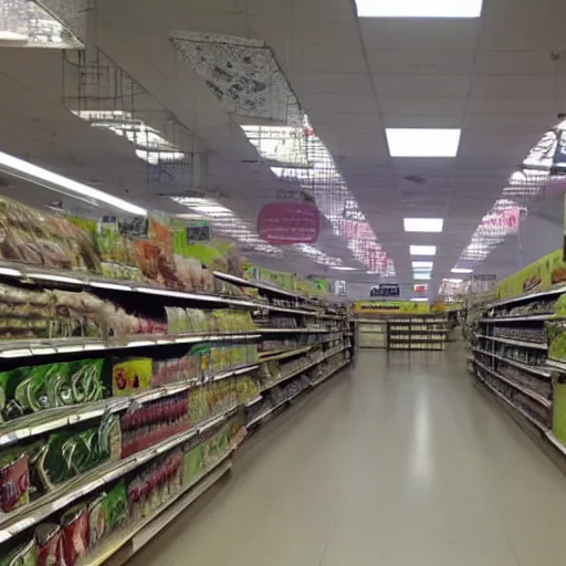 Image similar to supermarket empty, eerie, spooky, dim lights,