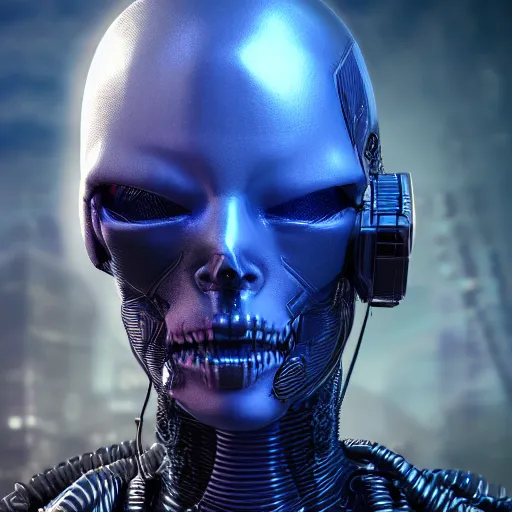 Prompt: cyberpunk alien portrait, nightmare halloween themed, hyper realistic shiny textures 8 k, skull, cyberpunk, elongated head, intricate details, fluorescent glow, science fiction space horror, unreal engine, dark, heavy shading, depth of field