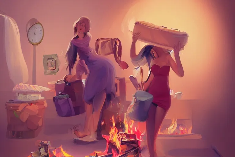 Image similar to a crazy housewife hurries up to pack daughter's things, surrounded with fire, digital art, trending on artstation