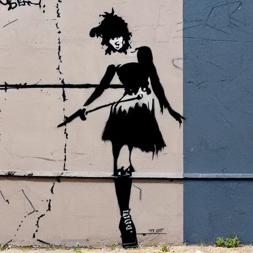 Prompt: rough rugged simple yet detailed graffiti of a pinup girl on a black wall designed by banksy