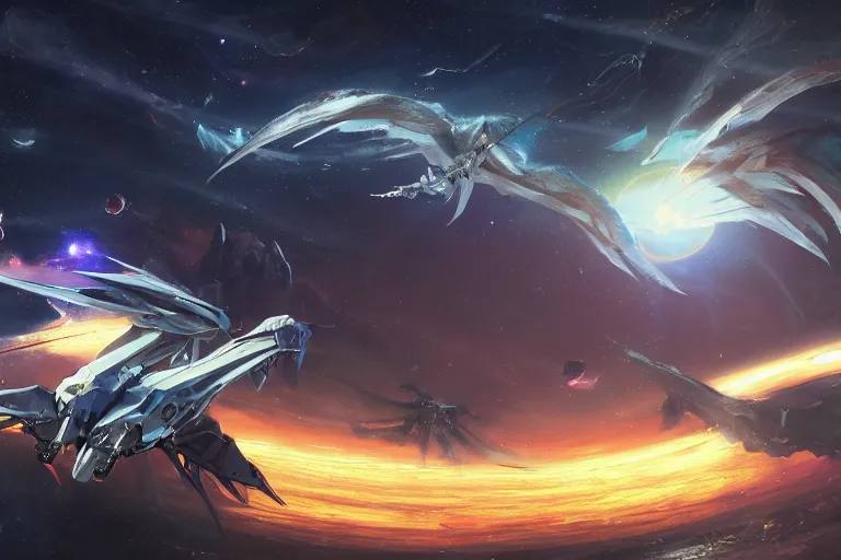 Prompt: a pterodactyl mecha, pteranadon styling, smooth, john berkey white plastic panels, robotech styling, luminous cockpit, running lights, kanji insignia and numbering, Raymond Swanland and Jessica Rossier nebula like clouds in space background near a ringed gas giant, distant explosions cinematic lighting, hyper detailed hyper detailed, 8k, ultra realistic, cinematic lighting, ultra wide 35mm lens, Boeing Concept Art