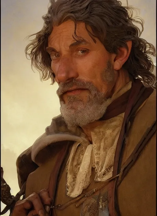 Prompt: portrait of provencal le gaulois in kaamelott played by frank pitiot, highly detailed, 3 5 mm photo, artstation, concept art, sharp focus, 2 8 mm macro photo, art by artgerm and greg rutkowski and alphonse mucha, award winning art, royal