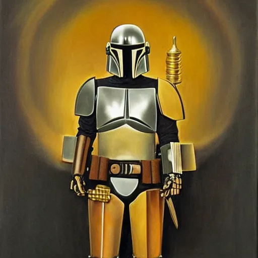 Prompt: Lofi steamPunk portrait mandalorian wearing black and gold plate armor, a surrealist painting by Salvador Dalí