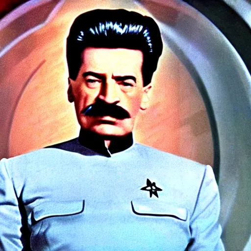 Prompt: A still of Stalin in Star Trek, colour photo