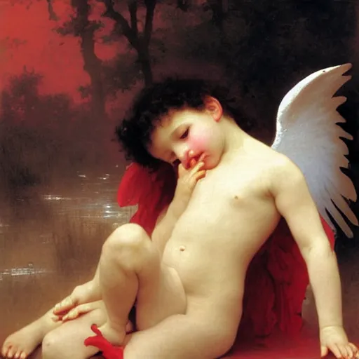 Image similar to Angel crying on top of a red cube made out of water, tears falling from eyes, oil painting by William-Adolphe Bouguereau