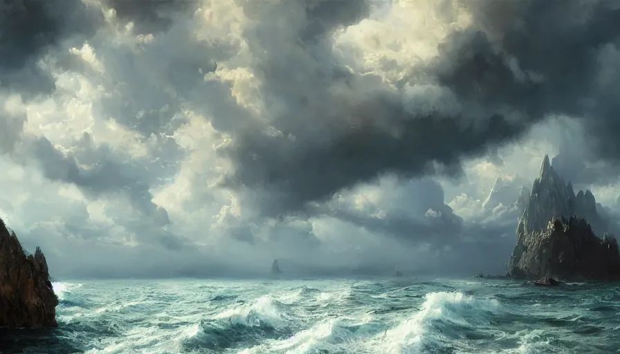 Image similar to excellent painted daemon in a wide epic beautiful landscape somewhere in the ocean with fluffy clouds, painted by Hans Fredrik Gude, Greg Rutkowksi, Craig Mullins and Artgerm, masterpiece, 4k, ultra realistic highly detailed oil painting