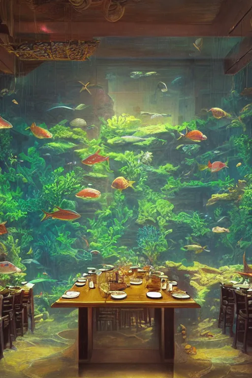 Prompt: an aquarium wall next to your table in an asian restaurant by, tim hildebrandt, fpv by wayne barlowe, bruce pennington, trending on artstation, cinematic composition, simple detail. greenish lighting,, 8 k, oil on canvas
