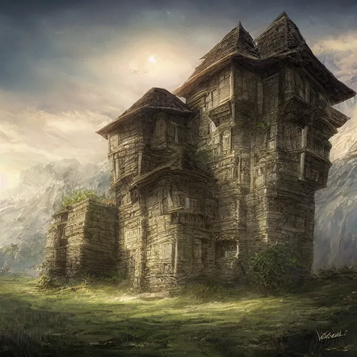 Image similar to a building in a serene landscape, fantasy art