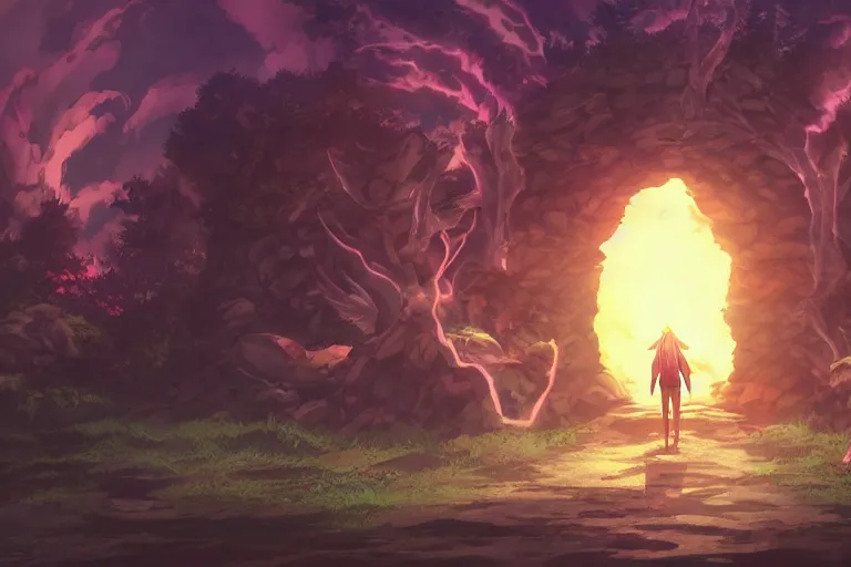 Image similar to cell shaded key visual of a group demons emerging from a portal, dramatic lighting, in the style of studio ghibli, moebius, makoto shinkai,