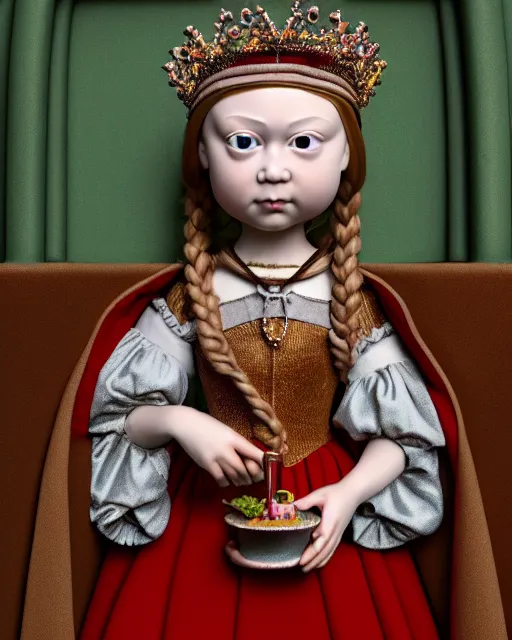 Prompt: closeup profile medieval jan van eyck face portrait of tin toy greta thunberg as a fairytale princess wearing a crown eating cakes in the castle, bikini, nicoletta ceccoli, mark ryden, lostfish, max fleischer, depth of field, detailed and intricate environment, 8 k resolution, hyperrealistic, octane render