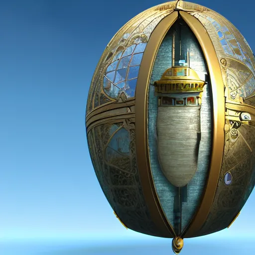 Image similar to enormous flying city in a faberge egg, sky, steampunk, fantasy art, unreal engine,