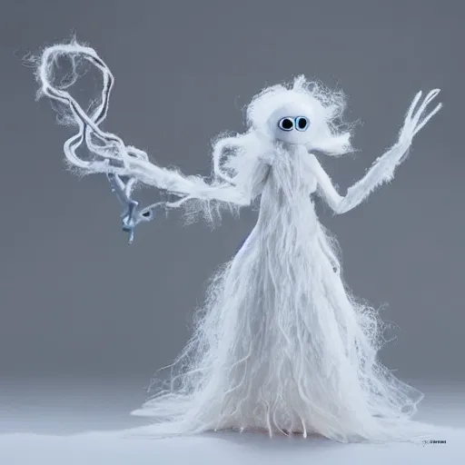 Image similar to an ethereal fantasy fluffy ghost like spooky live action muppet wraith like figure with a squid like parasite latched as its head and four long tentacles for arms that flow gracefully at its sides like a cloak while it floats around a frozen rocky tundra in the snow searching for lost souls and that hides amongst the shadows in the trees, this character has hydrokinesis and electrokinesis is a real muppet by sesame street, photo realistic, real, realistic, felt, stopmotion, photography, sesame street