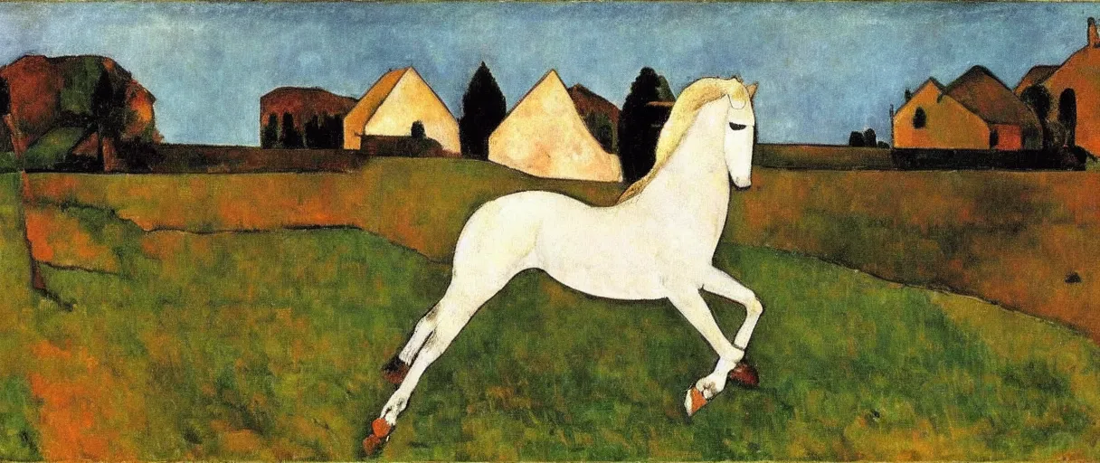 Image similar to a white horse galloping across the prairie, by amedeo modigliani