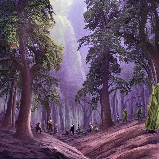 Prompt: a valley with tall trees and two hobbits walking through the forest in the style of J.R.R Tolkien