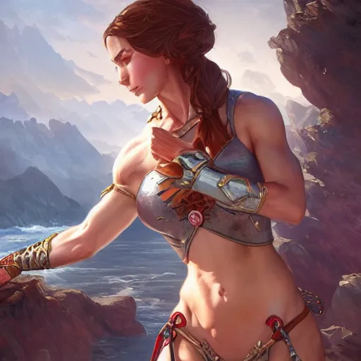 Image similar to muscular female warrior, deep focus, d & d, fantasy, intricate, elegant bikini, highly detailed, digital painting, artstation, concept art, matte, sharp focus, illustration, hearthstone, art by artgerm and greg rutkowski and alphonse mucha