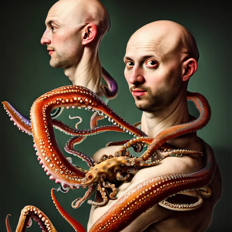 Image similar to young bald man wearing exoskeleton, standing in a shell, holding a squid, octopus, sea in the background, beautiful baroque portrait painting, psychedelic, trippy, hallucination, dream, beautiful detailed intricate insanely detailed octane render trending on Artstation, 8K artistic photography, photorealistic, chiaroscuro, Raphael, Caravaggio