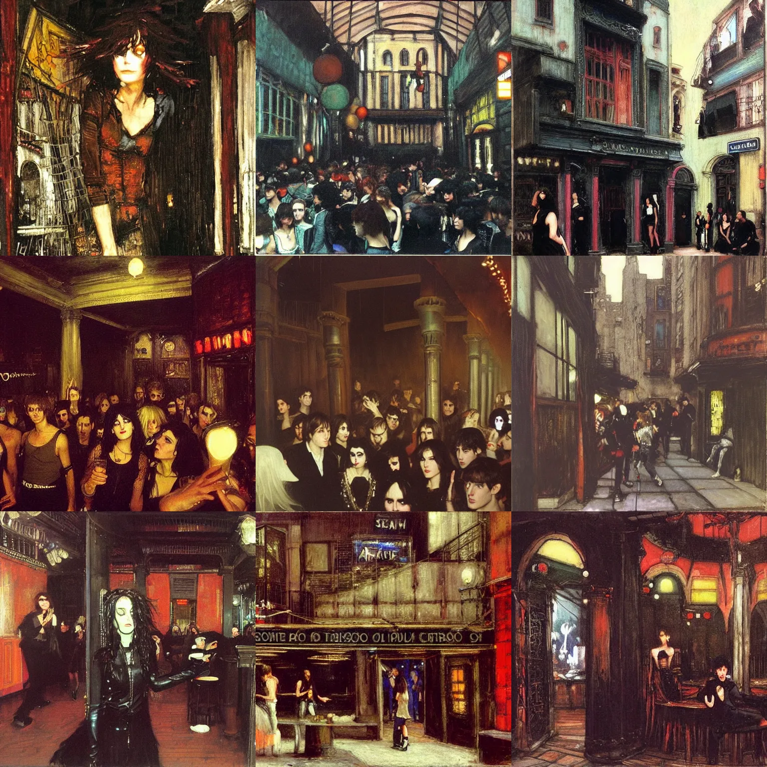 Prompt: A 1980s goth nightclub in Soho, painted by John William Waterhouse