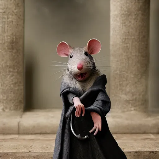 Image similar to photo of anthropomorphic rat with exposed skull wearing dark sorcerer robes