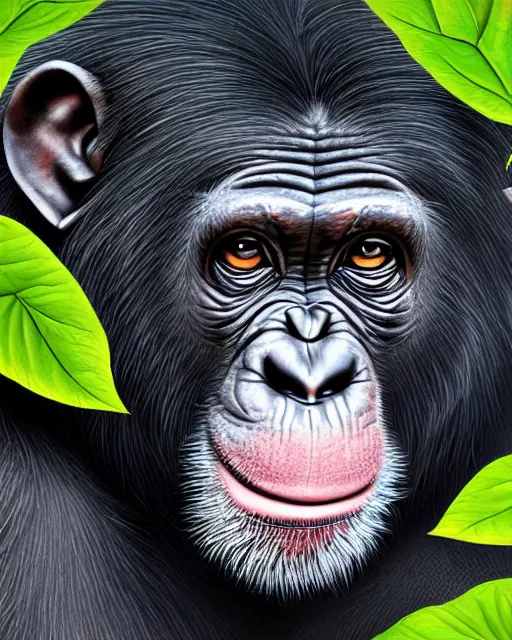 Image similar to very detailed high resolution illustration portrait of a chimpanzee, rolling green hills, 3 d, 8 k, extremely detailed, artstation