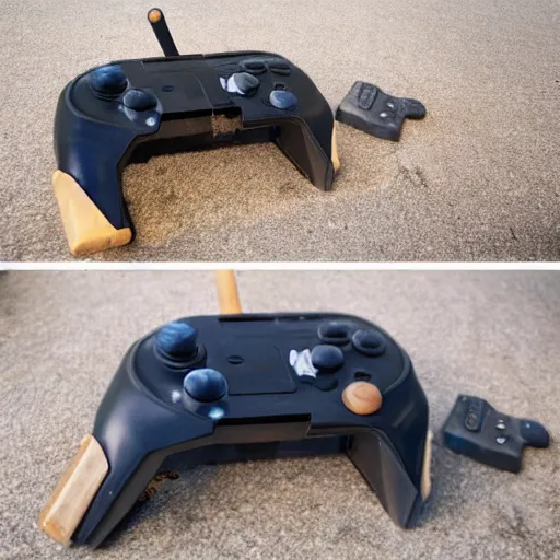 Image similar to destroyed game controller next to a broken tv and a baseball bat