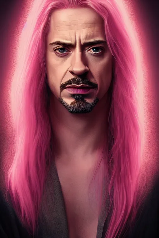 Prompt: Portrait of a beautiful pale skin Nordic man Robert Downey Jr with long pink hair, elegant, photorealistic, highly detailed, artstation, smooth, sharp focus, gold ornaments, neon lighting, sci-fi, art by Klimt