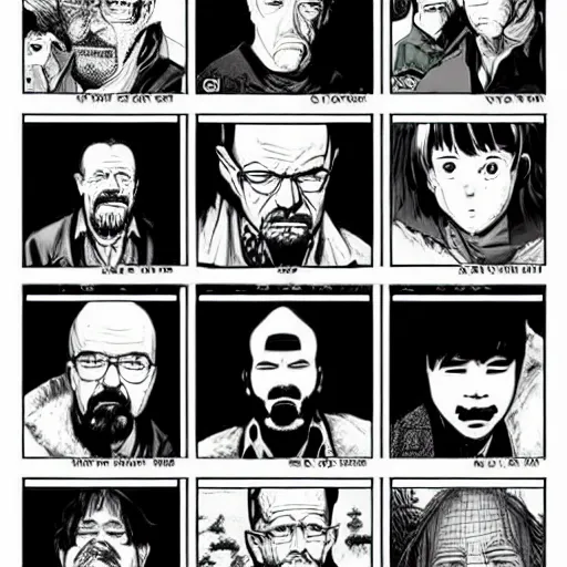 Image similar to Breaking Bad as a manga, art by Kentaro Miura, wide shot featuring Walter, Jesse, and Mike