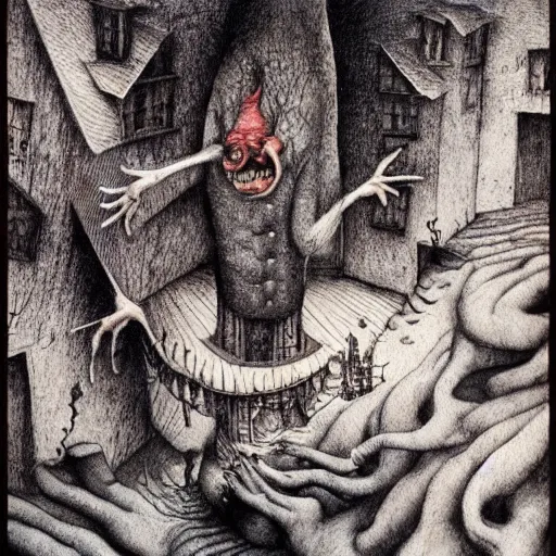 Image similar to the devil does a tap dance, by Santiago Caruso, and M.C. Escher, fairy-tale illustration style, very detailed, colorful, beautiful, eerie, surreal, psychedelic