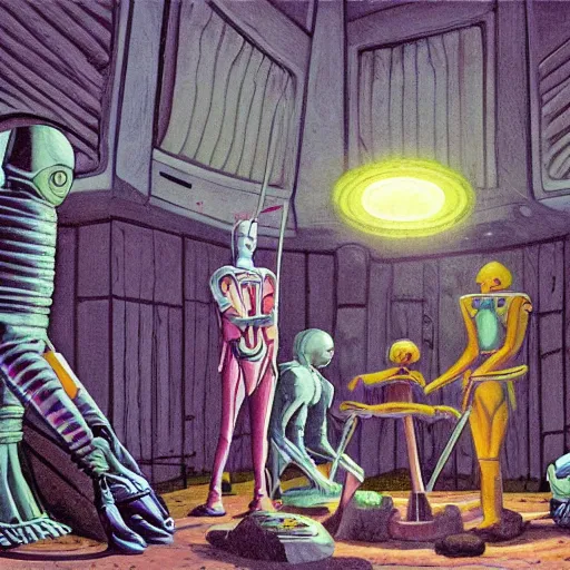 Prompt: medieval extraterrestrial villagers pointing to broken non - functioning robot sitting on floor in corner of room, colorful, dramatic lighting, illustration, fantastic planet, ron cobb, mike mignogna, jim henson creature shop, science fiction, detailed painting, high detail, coherent, rough paper