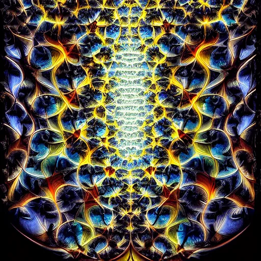 Prompt: a beautiful 3 d painting of a sprawling intricate fractal populated by mandelbrot fractals by android jones and mandelbrot, volumetric lighting, dynamic lighting, dramatic lighting, high contrast, concept art, carved marble, sacred geometry, religious, magic realism, catholicpunk, stark, trending on artstation