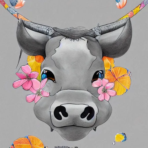 Prompt: gray paper + an intricate cute bull depiction + elaborate illustration, very detailed, deviantart, 8 k vertical wallpaper, tropical, colorful, airy, anime illustration, anime nature