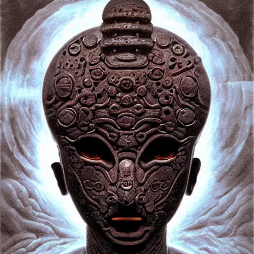 Image similar to naraka buddhist alien demon korean, no face, tubular creature, blood vessels, blue eyes, black energy, dystopian surrealism, zdzisław beksinski, symmetry accurate features, very intricate details, high resolution, symmetrical long head, smooth marble surfaces, detailed ink illustration, robot, metal gear, cinematic smooth stone, deep aesthetic, concept art