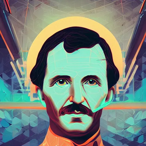 Image similar to visionary inventor nikola tesla profile picture by sachin teng and artgerm, art style by midjourney, masterpiece, organic painting, matte painting, technical geometrical drawing shapes, lightning electricity coil, hard edges, graffiti, street art by sachin teng